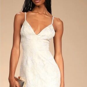 Lulu's Gilded Lily Cream Floral Jacquard Ruffled Trumpet Mini
Dress